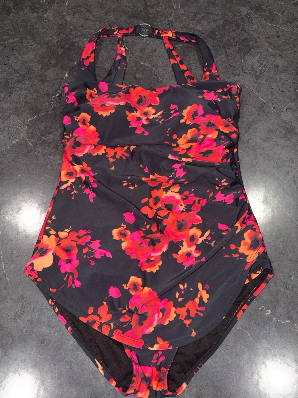Floral Halter One-Piece Swimsuit in Black with Pink & Orange Flowers